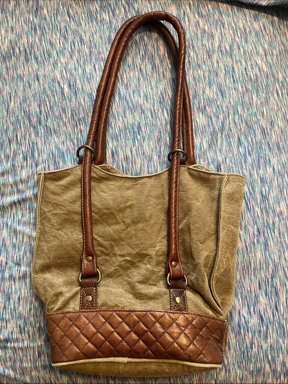 Mona B Quilted Brown Leather-Trim Tan Canvas Tote